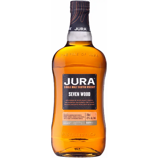 Bottle of Jura Seven Wood whisky on a white background