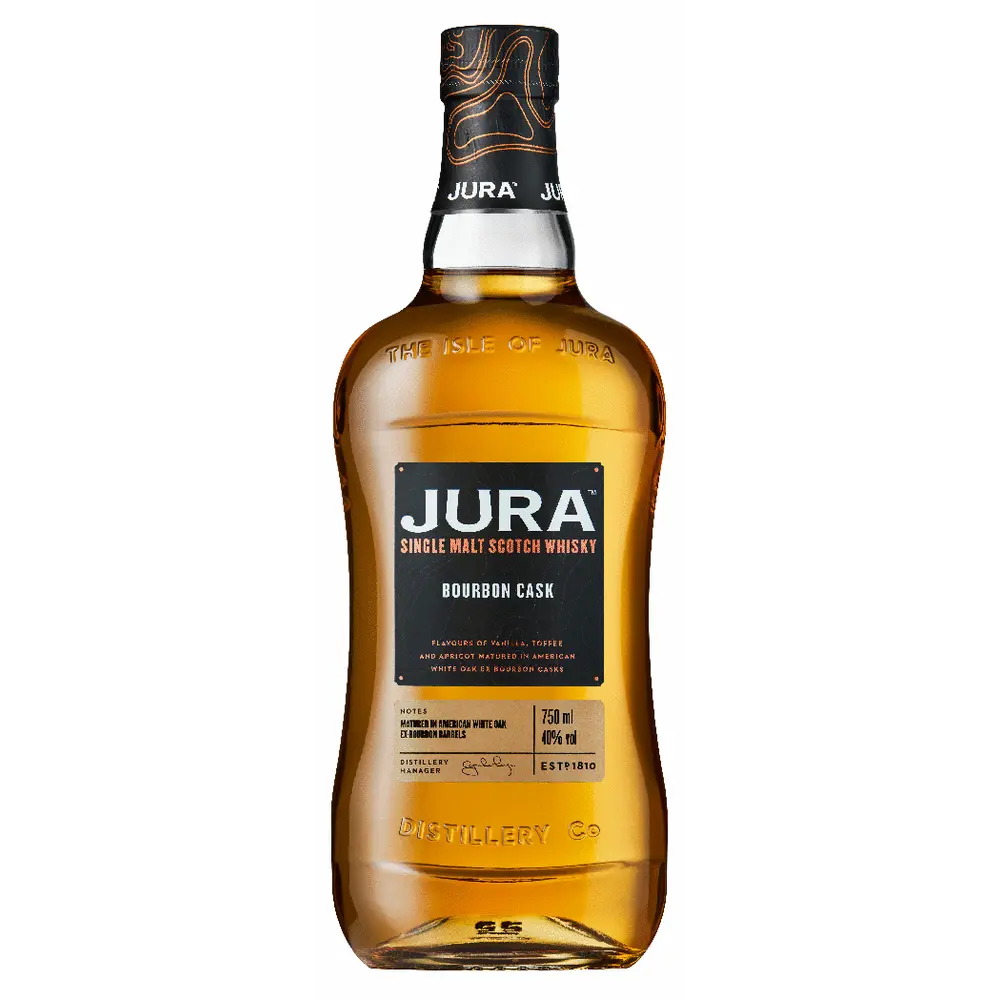 Bottle of Jura Single Malt Scotch Whisky on a white background