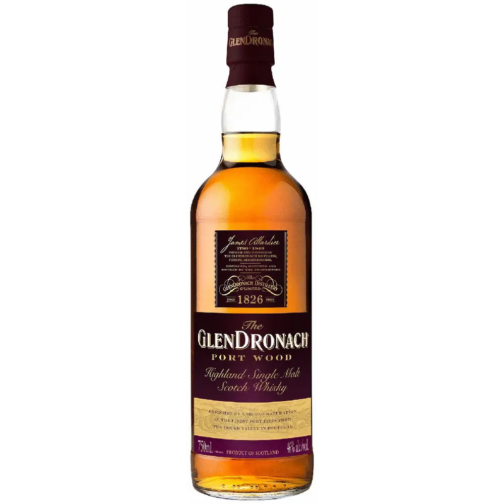 Bottle of GlenDronach Port Wood Highland Single Malt Scotch Whisky on a white background