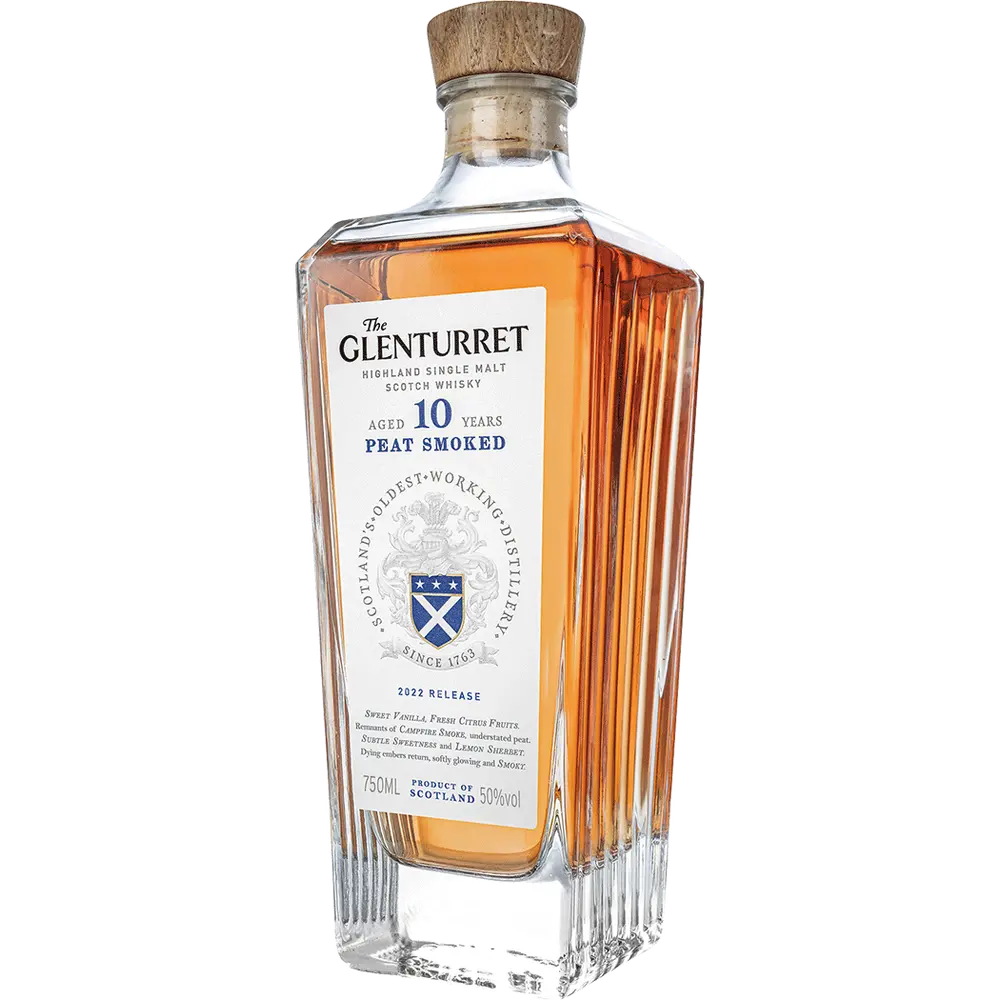Bottle of Glenturret 10-year-old peat smoked Scotch whisky on a white background