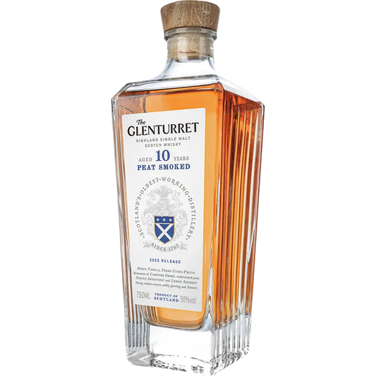 Bottle of Glenturret 10-year-old peat smoked Scotch whisky on a white background