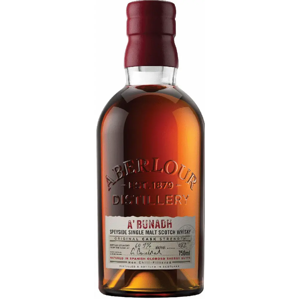 Bottle of Aberlour whisky on a white background