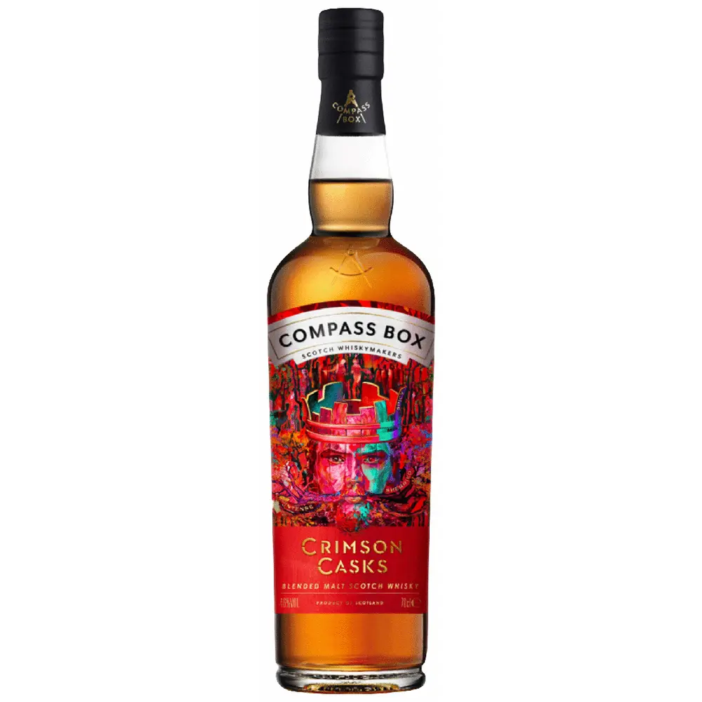 Bottle of Compass Box Crimson Casks whisky on a white background