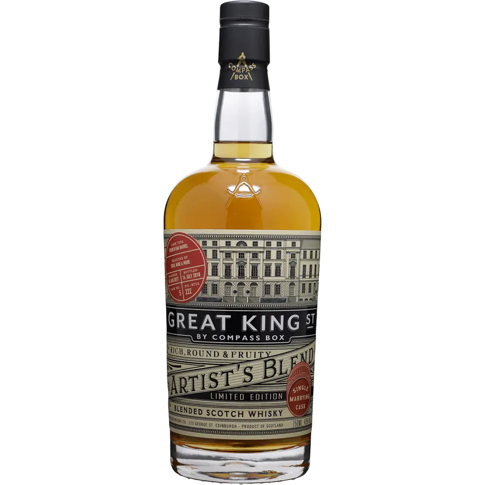 Bottle of Great King St. Artist's Blend Blended Scotch Whisky on a white background