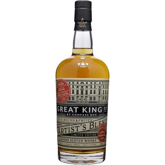 Bottle of Great King St. Artist's Blend Blended Scotch Whisky on a white background