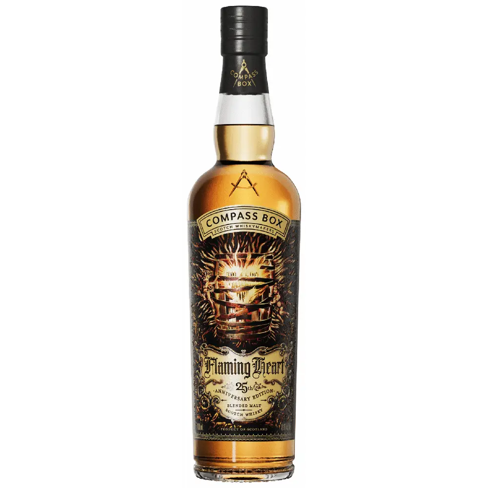 Compass Box Flaming Heart whisky bottle on a white background