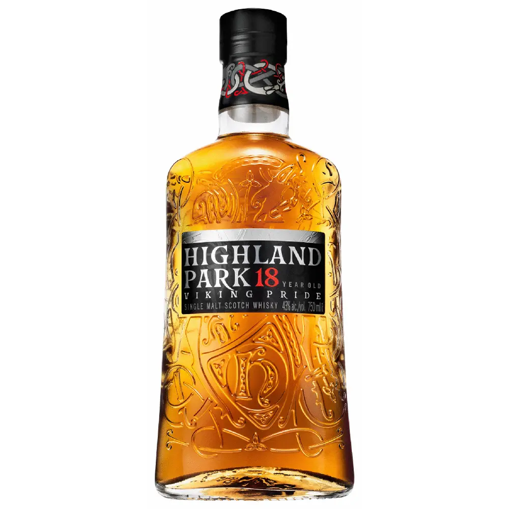 Highland Park 18 year old whiskey bottle on a white background