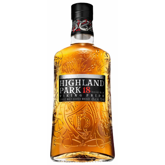 Highland Park 18 year old whiskey bottle on a white background