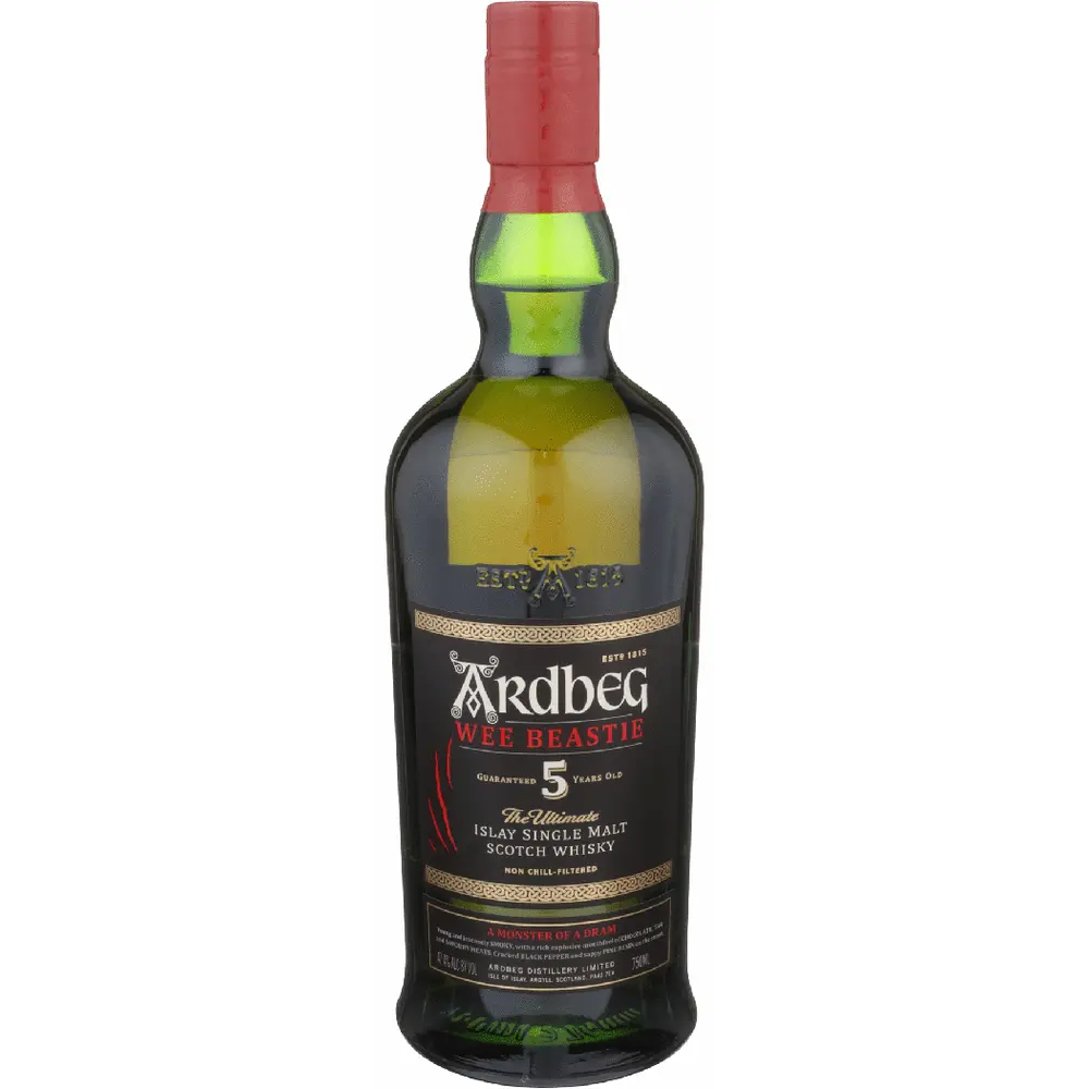 Bottle of Ardbeg Wee Beastie whisky on a white background