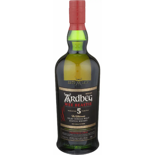 Bottle of Ardbeg Wee Beastie whisky on a white background