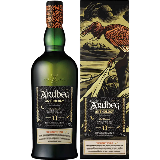 Ardbeg Anthology whisky bottle and packaging with a stylized illustration on the box.
