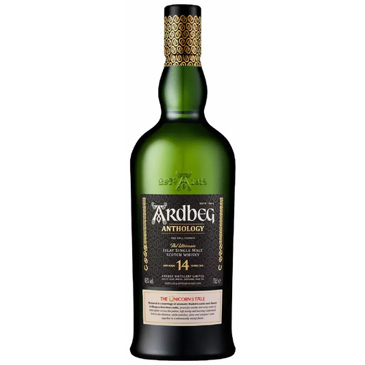 Green bottle of Ardbeg whisky with a gold cap on a white background