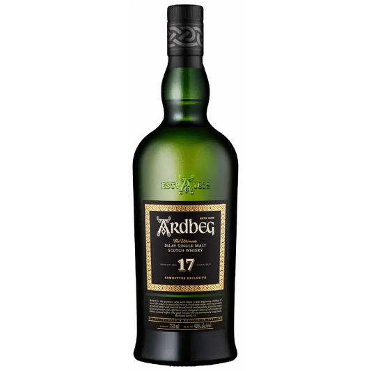 Green Ardbeg whisky bottle with black label on a white background