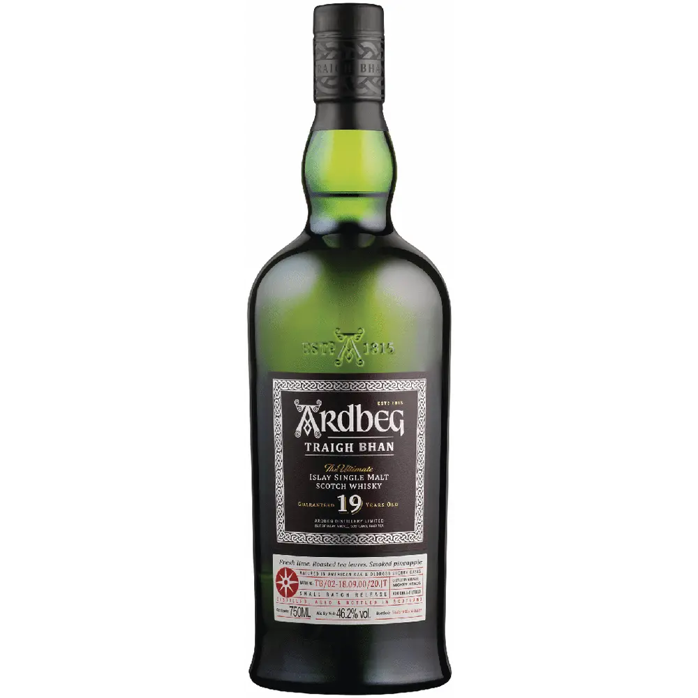 Bottle of Ardbeg Traigh Bhan whisky on a white background