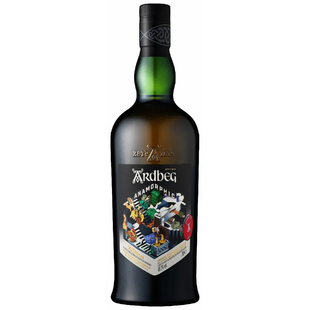 Bottle of Ardbeg Anormals whisky with a colorful label on a white background