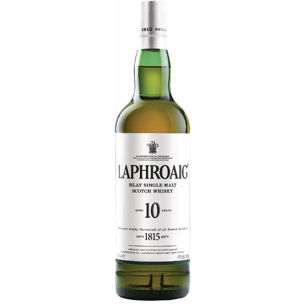 Laphroaig 10-year-old Islay Single Malt Scotch Whisky bottle on a white background