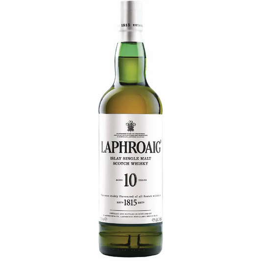 Laphroaig 10-year-old Islay Single Malt Scotch Whisky bottle on a white background
