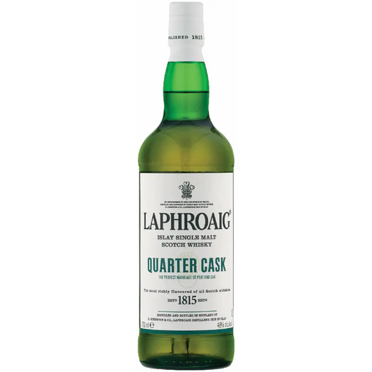 Laphroaig Quarter Cask whisky bottle on a white background