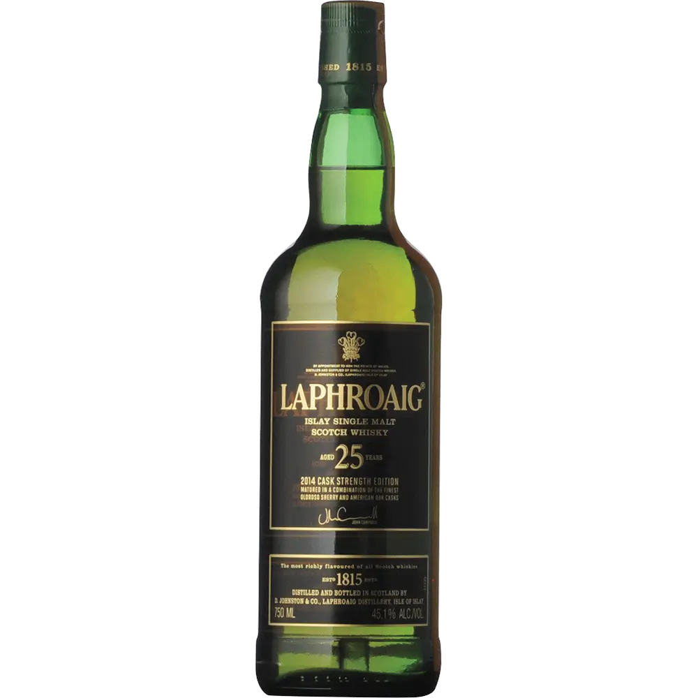 Laphroaig whisky bottle on a white background