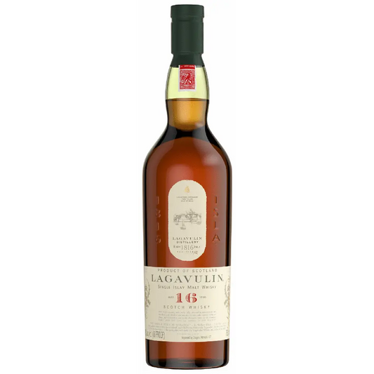 Bottle of Lagavulin whisky on a white background