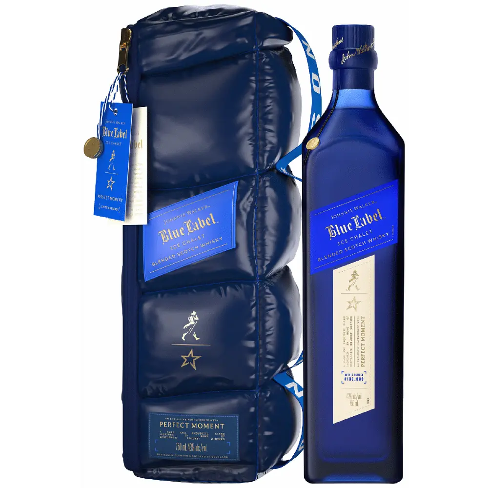 Johnnie Walker Blue Label bottle and insulated bag on a white background