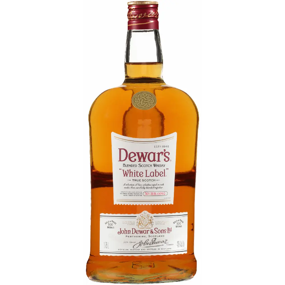 Bottle of Dewar's White Label Scotch Whisky on a white background