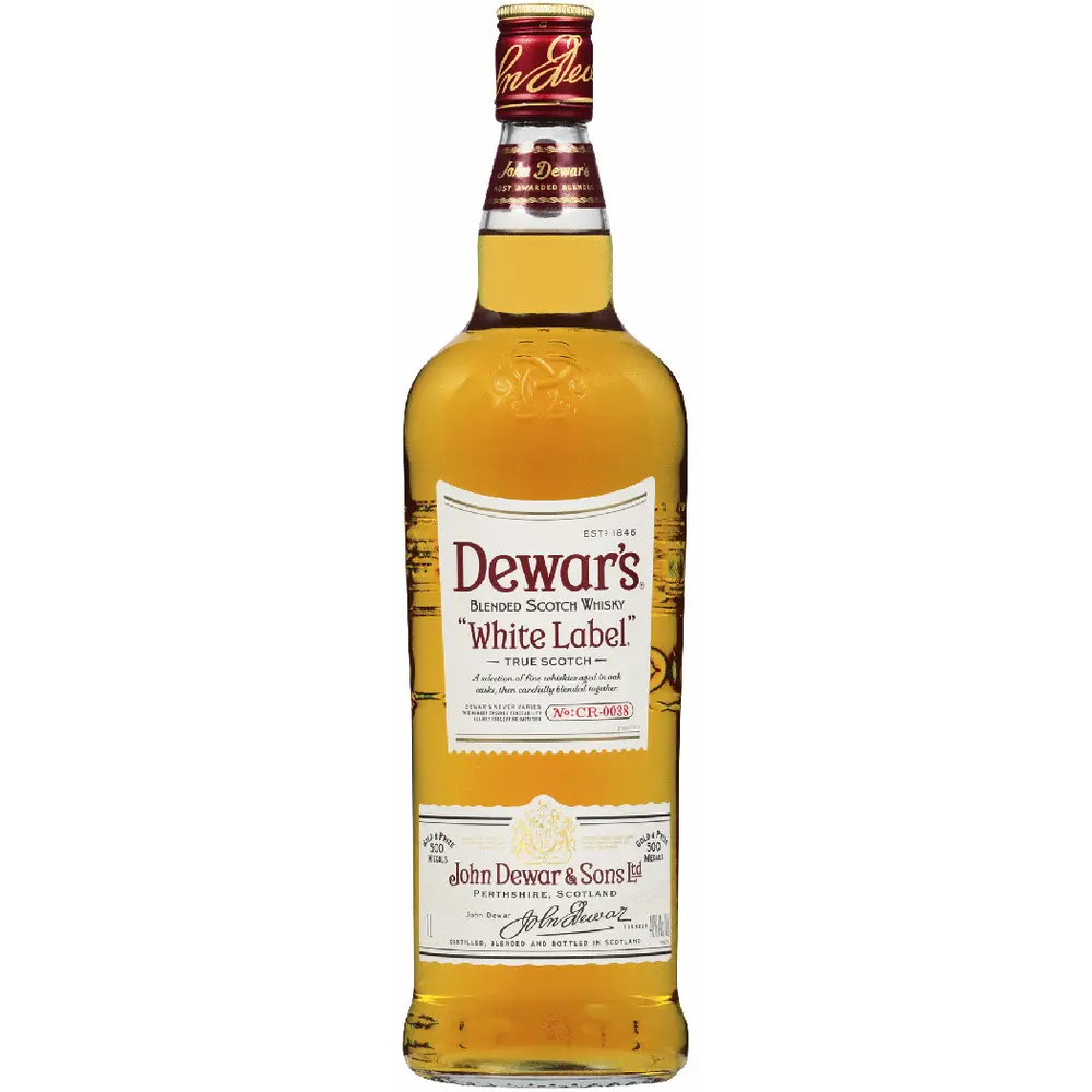 Bottle of Dewar's White Label whisky on a white background