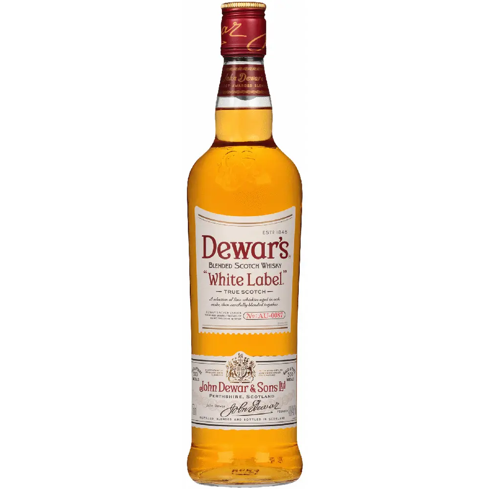 Dewar's White Label whisky bottle on a white background