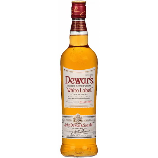 Dewar's White Label whisky bottle on a white background