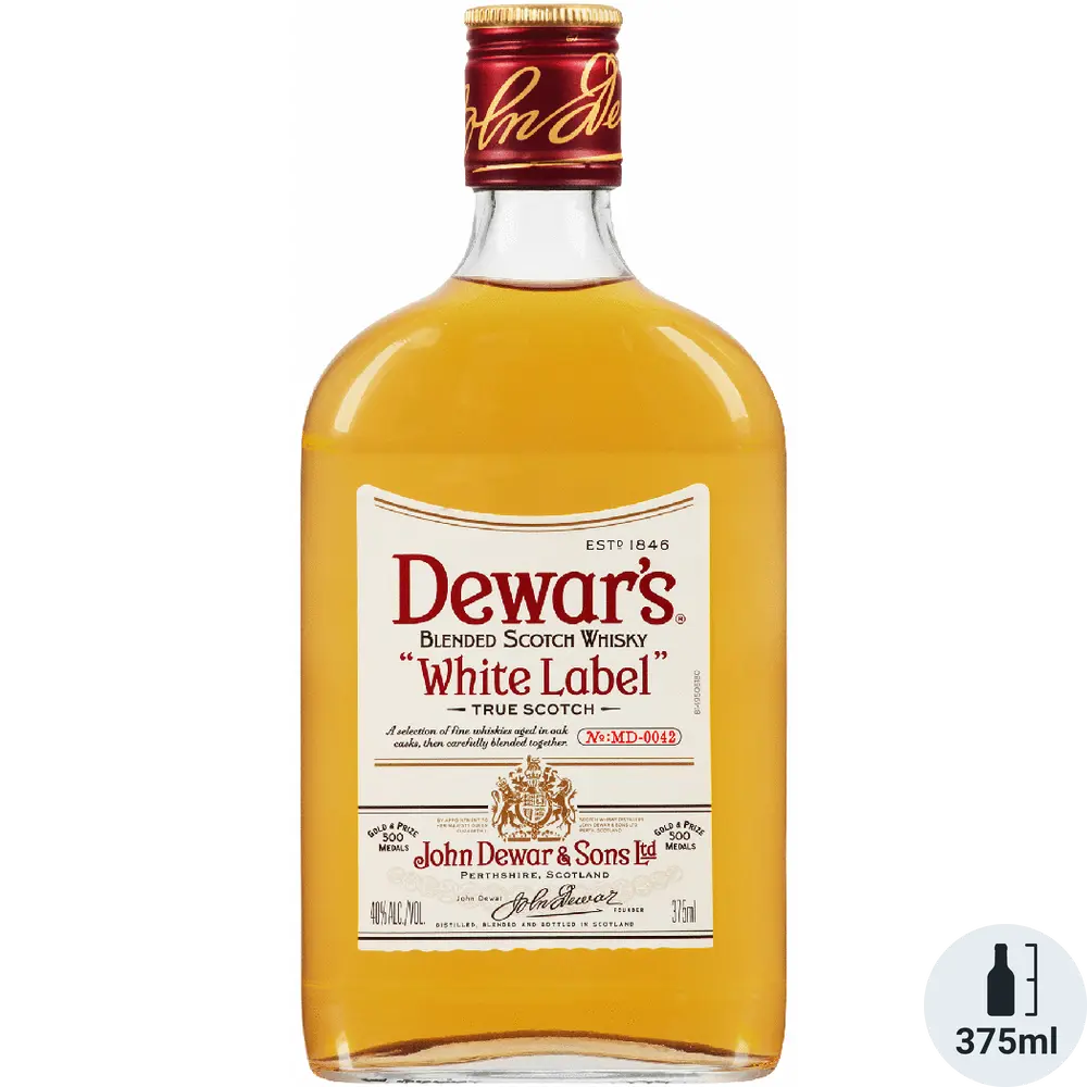Bottle of Dewar's White Label Blended Scotch Whisky on a white background
