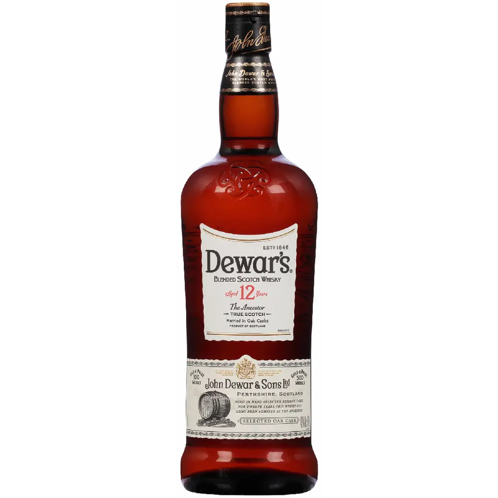 Dewar's 12-year-old Scotch Whisky bottle on a white background