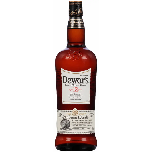 Dewar's 12-year-old Scotch Whisky bottle on a white background