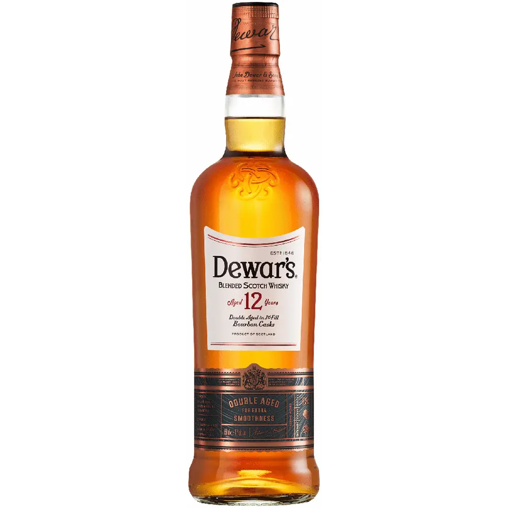Dewar's 12-year-old blended Scotch whisky bottle on a white background