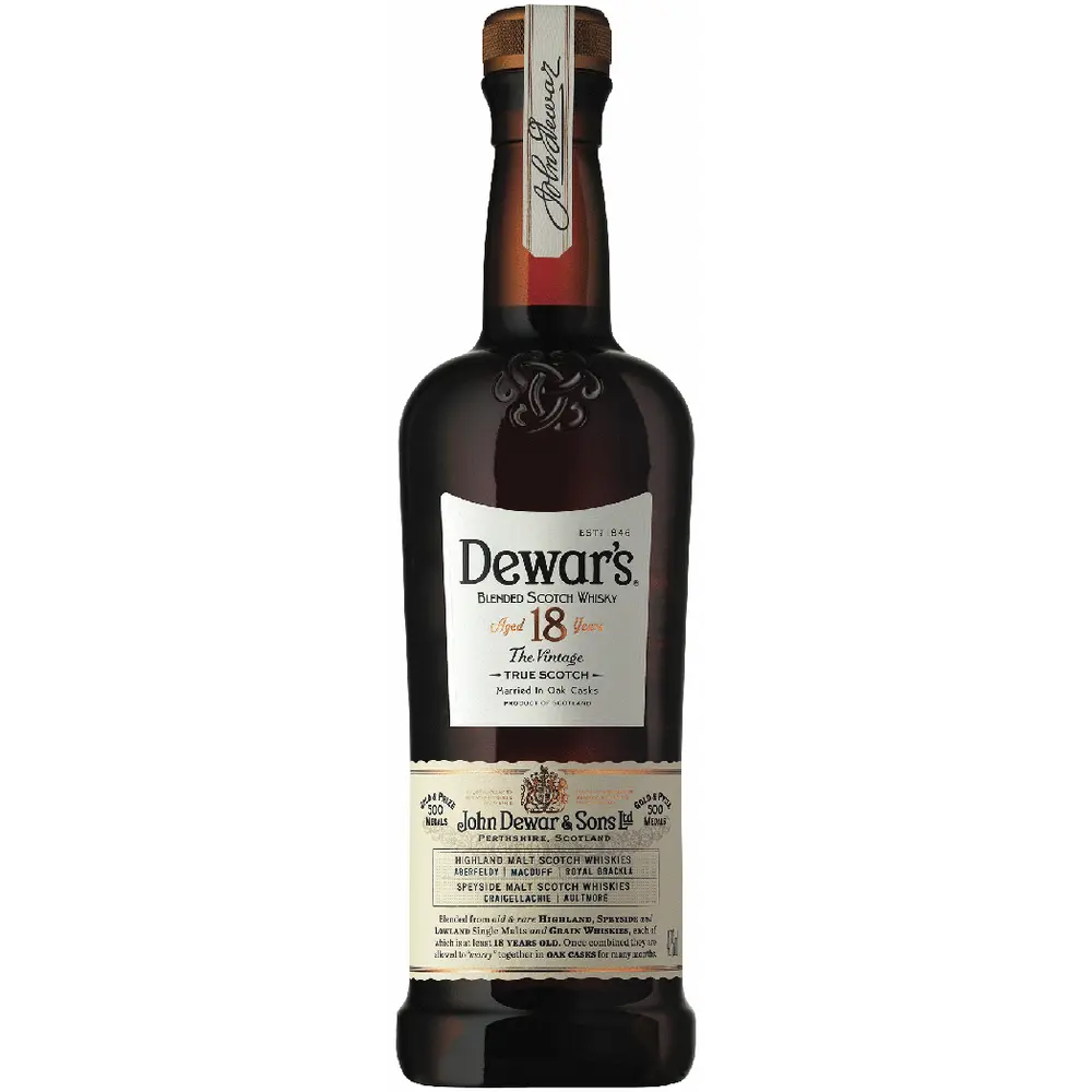 Dewar's 18-year-old whiskey bottle on a white background