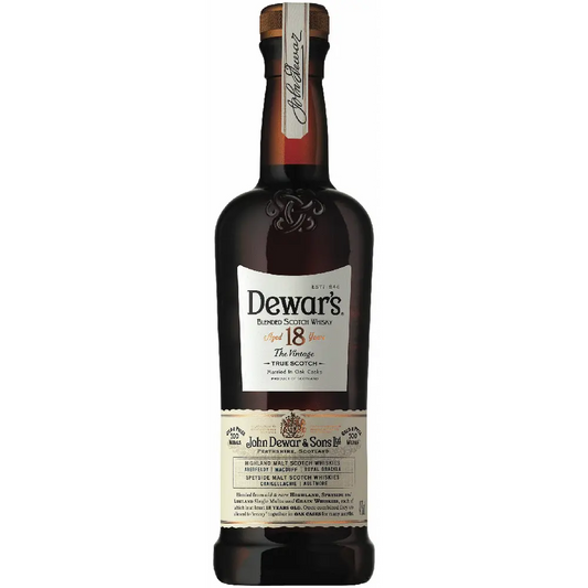 Dewar's 18-year-old whiskey bottle on a white background