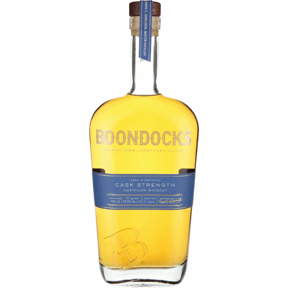 Bottle of Boondocks whiskey on a white background