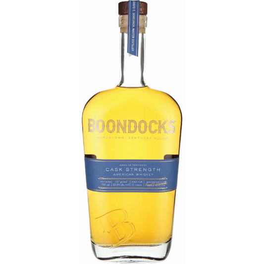 Bottle of Boondocks whiskey on a white background