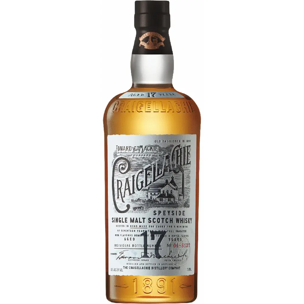 Bottle of Craigellachie 17-year-old Speyside Single Malt Scotch Whisky on a white background