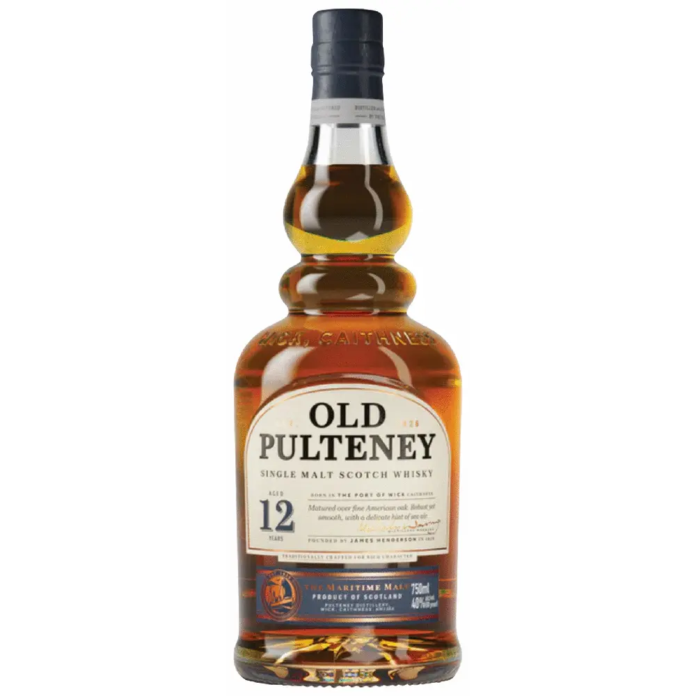 Old Pulteney 12-year-old single malt Scotch whisky bottle on a white background