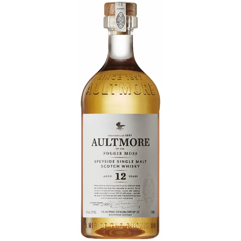 Aultmore whisky bottle on a white background