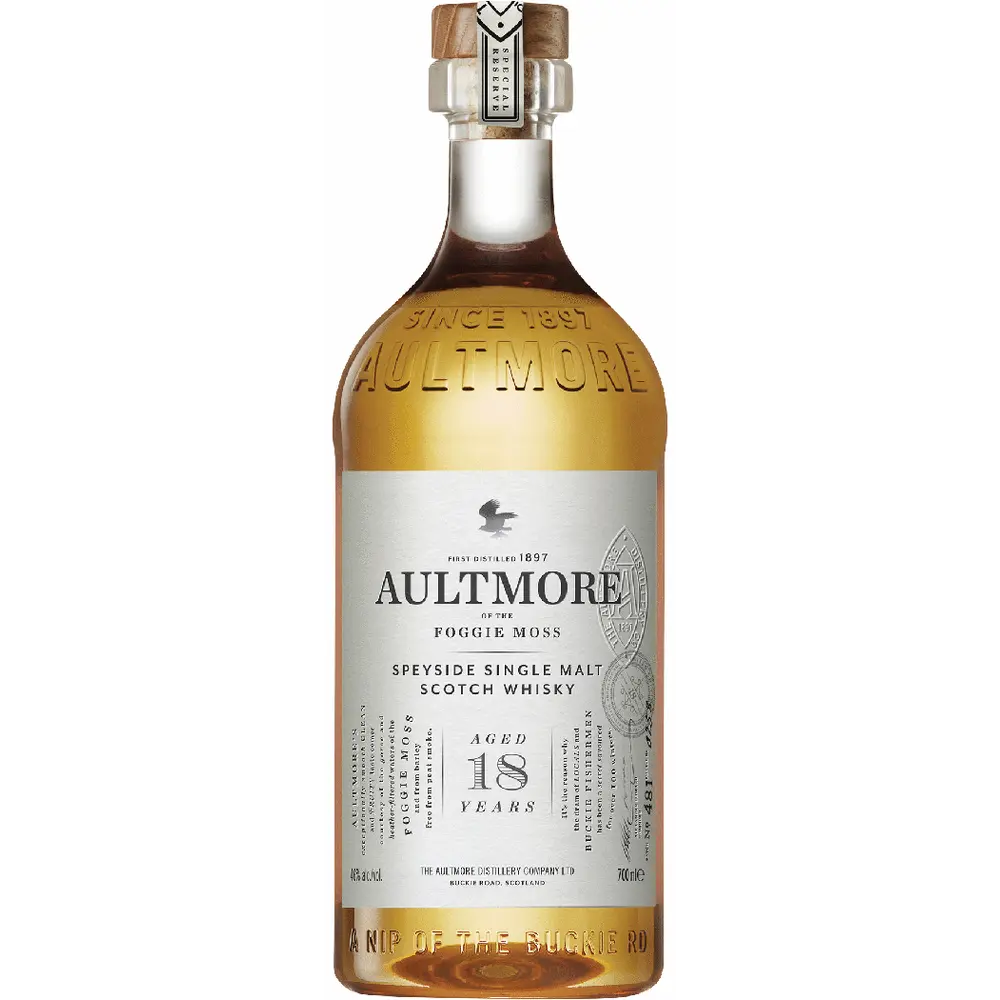 Aultmore 18-year-old Scotch whisky bottle on a white background