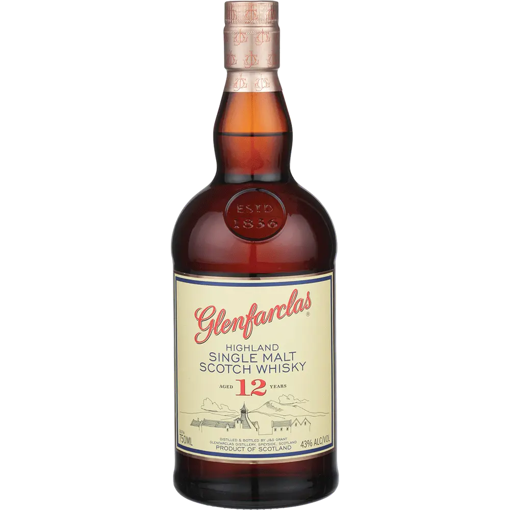 Glenfarclas Highland Single Malt Scotch Whisky bottle on a white background