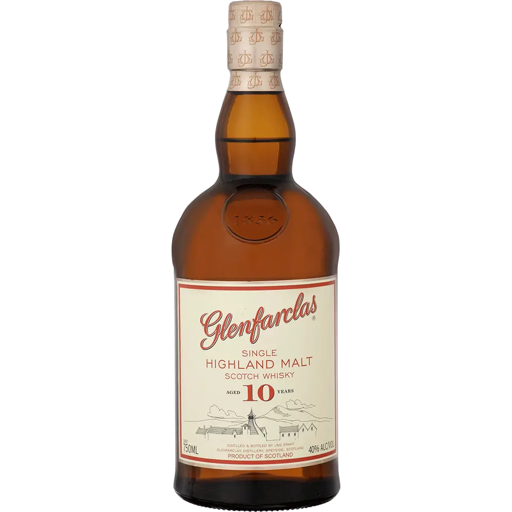 Glenfarclas 10-year-old single highland malt Scotch whisky bottle on a white background