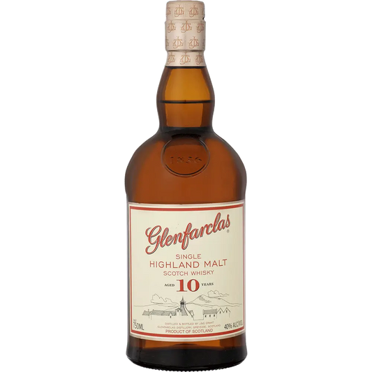 Glenfarclas 10-year-old single highland malt Scotch whisky bottle on a white background