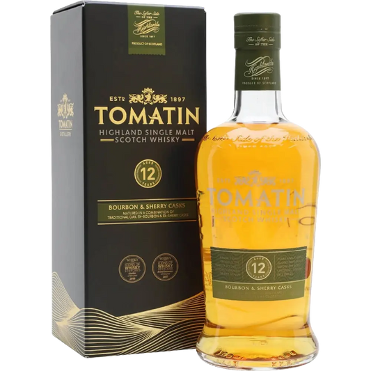 Tomatin whisky bottle and packaging on a white background
