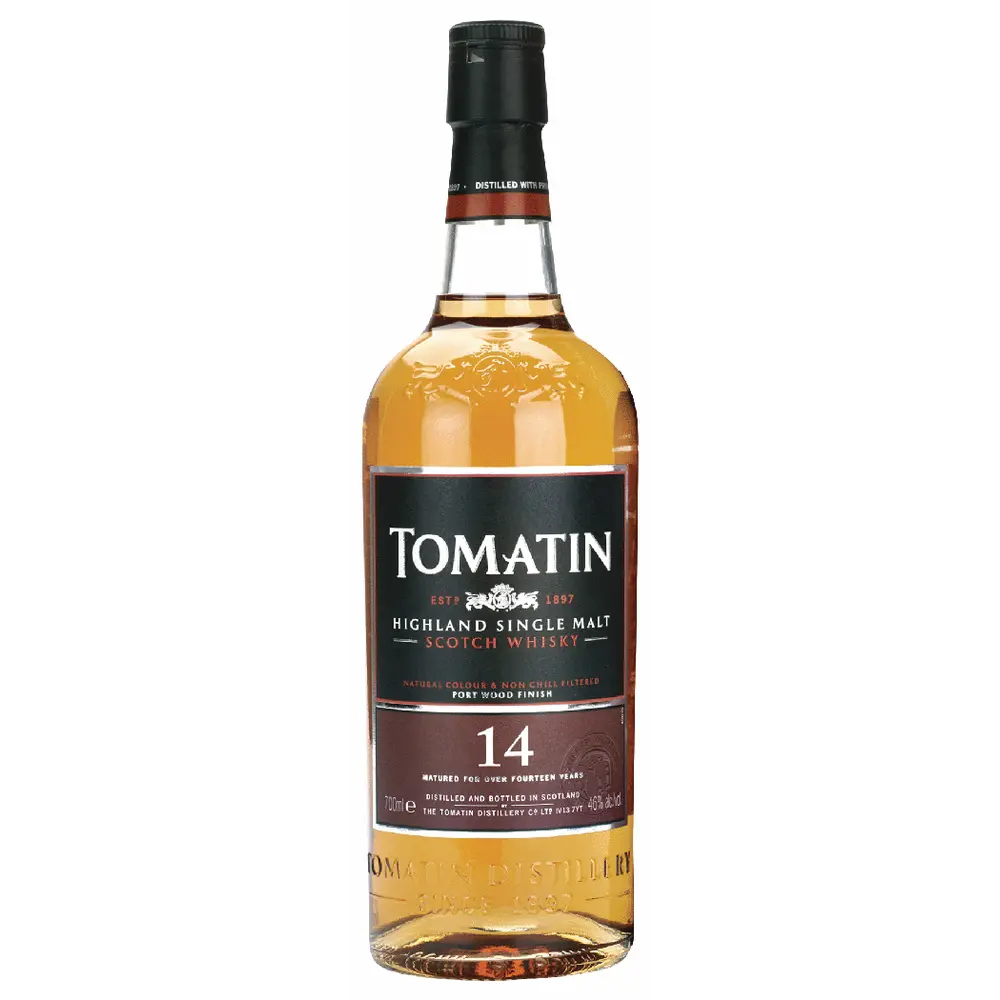 Tomatin Highland Single Malt Scotch Whisky bottle on a white background