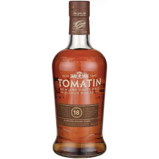 Tomatin Highland Single Malt Scotch Whisky bottle on a white background