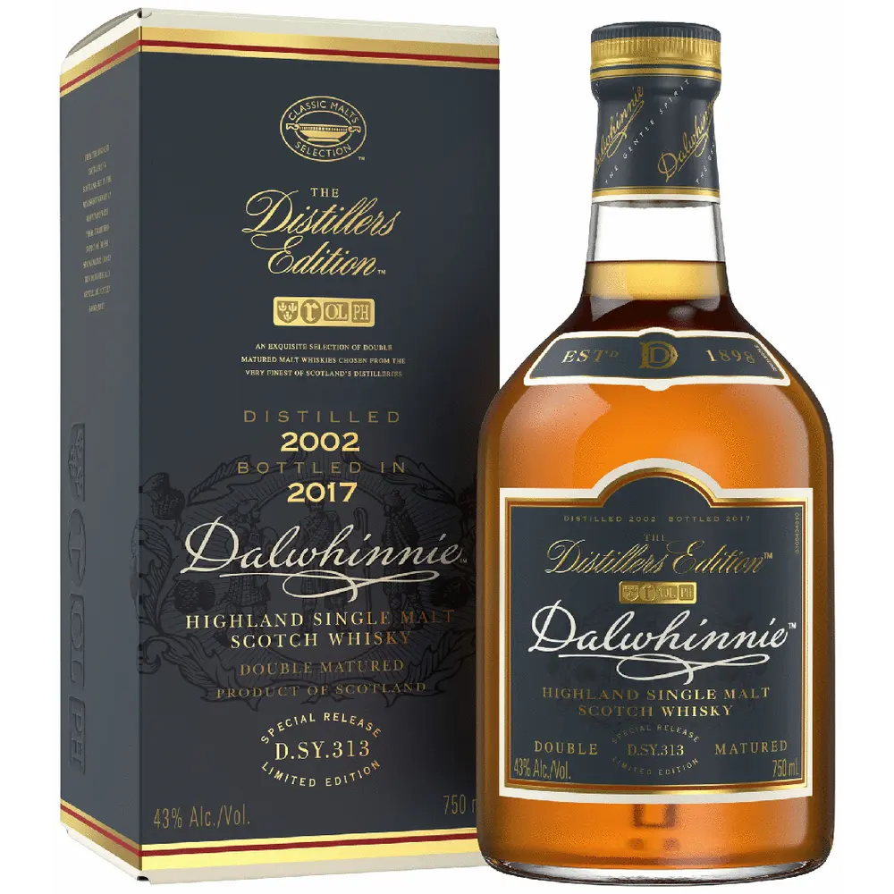 Dalwhinnie Highland Single Malt Scotch Whisky bottle and packaging