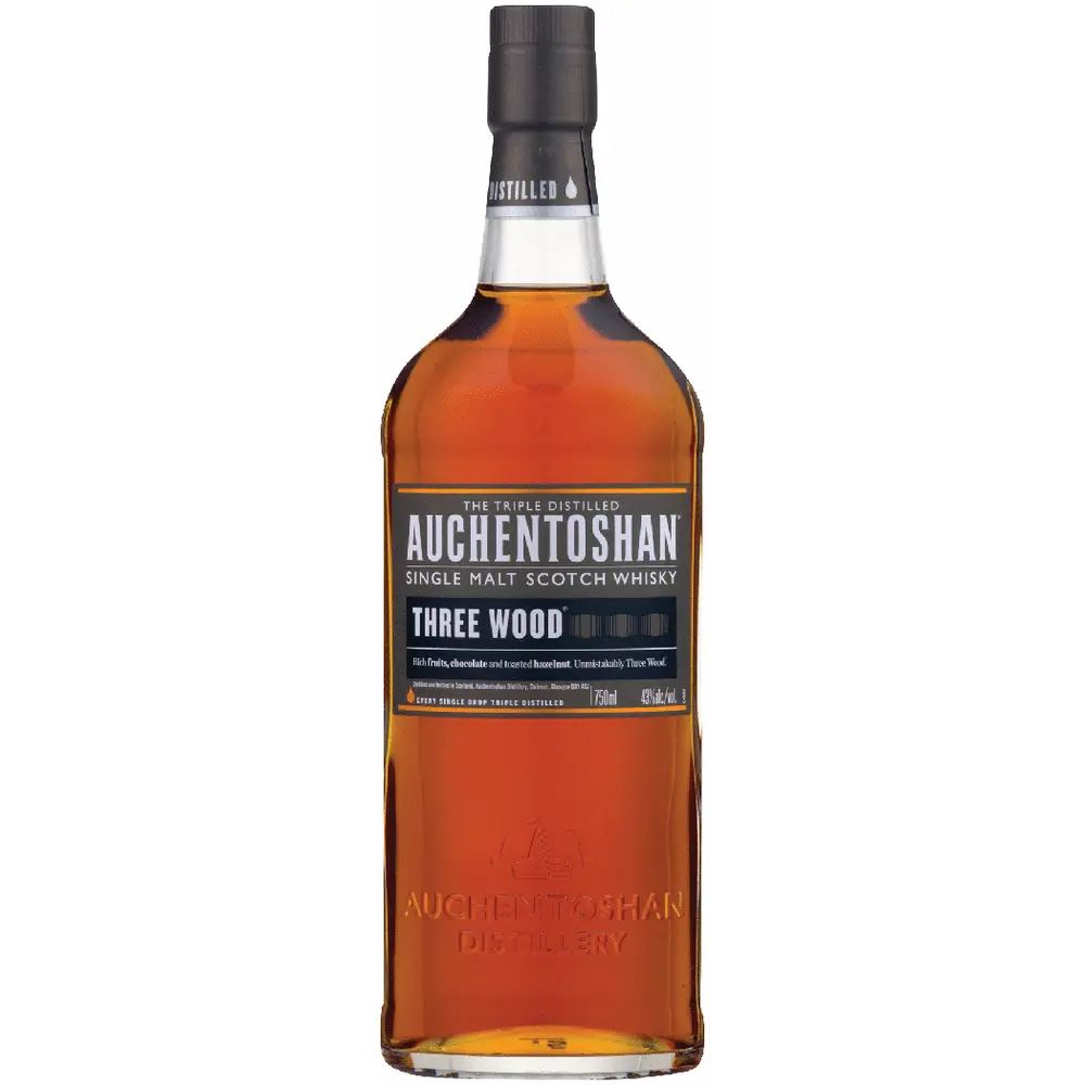 Bottle of Auchentoshan Three Wood Single Malt Scotch Whisky on a white background