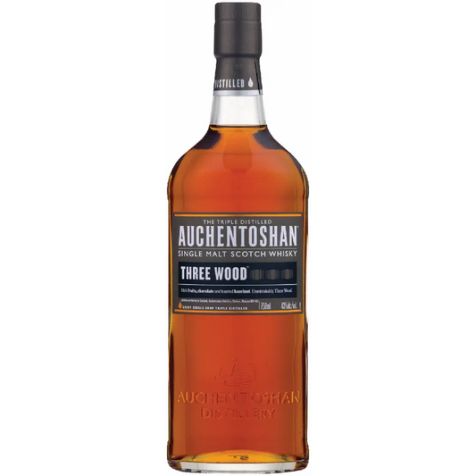 Bottle of Auchentoshan Three Wood Single Malt Scotch Whisky on a white background
